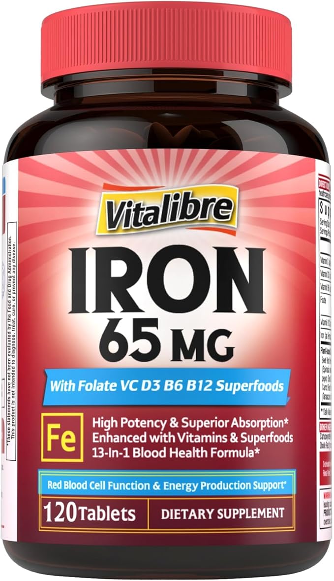 Iron Supplement for Women & Men, 65 mg, Ferrous Sulfate, Vitamin C, D3, B6, B12, Folate, Beet Root, Spinach, Pumpkin Seeds, Nettle, for Red Blood Cell & Energy Production, 120 Tablets