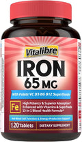 Iron Supplement for Women & Men, 65 mg, Ferrous Sulfate, Vitamin C, D3, B6, B12, Folate, Beet Root, Spinach, Pumpkin Seeds, Nettle, for Red Blood Cell & Energy Production, 120 Tablets