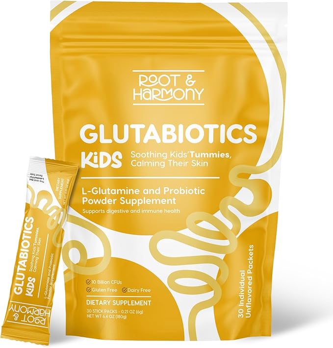 Root & Harmony Glutabiotics Kids Probiotic & L-Glutamine Powder – Daily Children's Gut Health, Skin & Immune Support Supplement, Unflavored, Dairy Free, Gluten Free, 10 Billion CFU, 30ct Bag