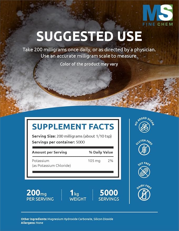 Potassium Chloride Powder, 1 KG/2.2lb(35 Ounce) | Salt Substitute & Essential Hydration Electrolyte Supplement |Supports Mineral Balance,Heart,Joint,and Immune Health| Filler Free, Dissolves Easily