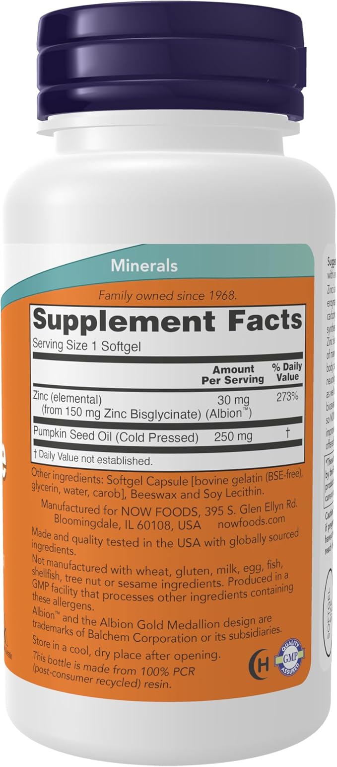 NOW Foods Supplements, Zinc Glycinate with 250 mg Pumpkin Seed Oil, Supports Prostate Health*, 120 Softgels (Packaging May Vary)