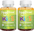 Feel Great Super Green Gummies for Kids (2 Pack) | Fruit and Vegetable Gummies | Vegan Veggie Gummy Multivitamin for Kids | Veggie Fiber Supplement | 60 Count