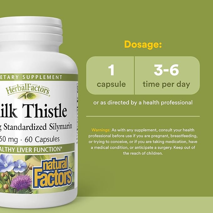 Natural Factors HerbalFactors Milk Thistle - Daily Supplement for Liver Health - Silymarin-Rich Herbal Extract - Healthy Liver Function - Gluten-Free, Dairy-Free & Non-GMO - 60 Capsules (60 Servings)
