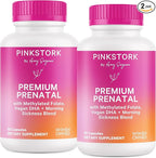Pink Stork Premium Prenatal Vitamin for Women - Multivitamin & Probiotics - Morning Sickness, Digestion, & Energy - Folate, B6, & Iron - 60 Capsules - 2 Pack