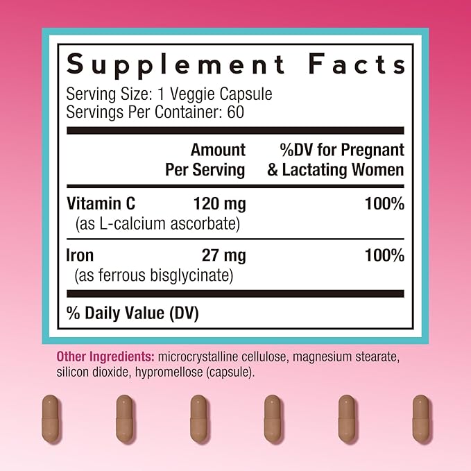 Doctor's Recipes Iron Supplement for Pregnant Women, Chelated Iron Bisglycinate, with Vitamin C for High Absorption, Gentle, Red Blood Cell Production Support, 60 Vegan Caps