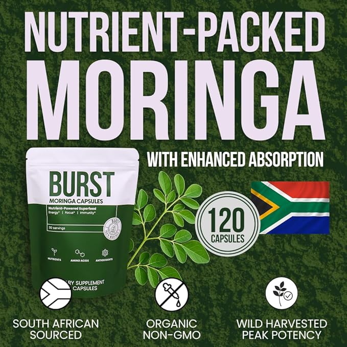 Burst 100% Organic Moringa Capsules – Supports Energy, Immunity, & Vitality | Pure Moringa Oleifera Supplement | Rich in Vitamins, Protein, & Antioxidants | Vegan, Non-GMO - 120 Capsules