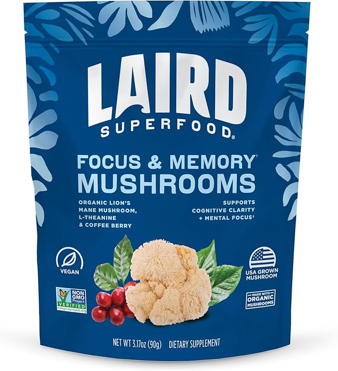 Laird Superfood Organic Focus and Memory Mushroom Blend with Lion’s Mane, L-Theanine, and Coffee Berry, 3.17 oz. Bag, Pack of 1