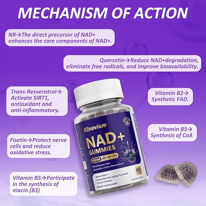 NAD Gummies with Nicotinamide Riboside, NAD+ Supplement for Women & Men with Trans-Resveratrol, Fisetin, Vitamin B2, B5, B6, Anti-Aging, Cell Regeneration & Energy, Sugar-Free, 60 Gummies