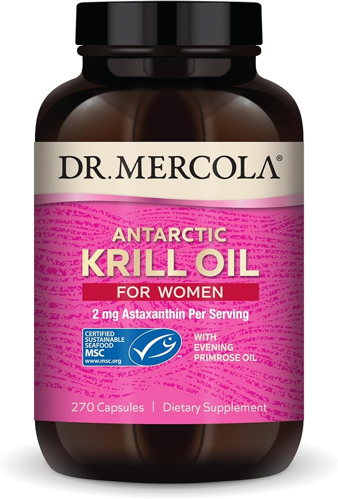Dr. Mercola Krill Oil for Women - 2 mg Astaxanthin - MSC Certified Sustainable - Supports Brain, Skin & Immune Systems - with Omega-3s - Non-GMO, Gluten-Free & Soy-Free - 270 Capsules (30 Servings)