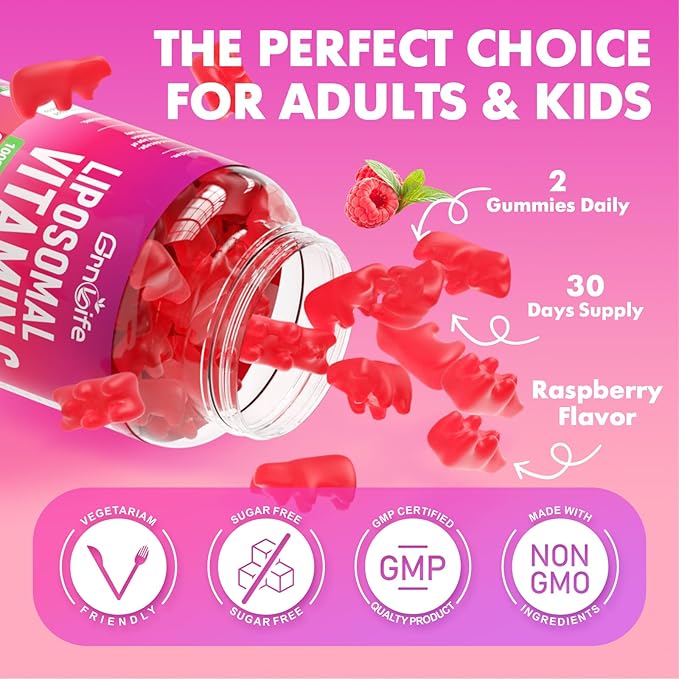 Liposomal Vitamin C 1000mg Gummies for Adults Kids, 1500mg Chewable Vitamin C w/Iron, Zinc & Elderberry - Immune Support & Energy, Collagen Booster, Raspberry, 60 Count