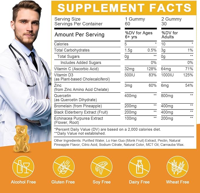 Quercetin Gummies with Bromelain for Adults & Kids - 800mg Quercetin with Bromelain, Elderberry, Vitamin C, D3 - Immune, Seasonal Wellness Support - Sugar Free, Vegan, Pineapple Flavor, 60 Ct (2 Pack)