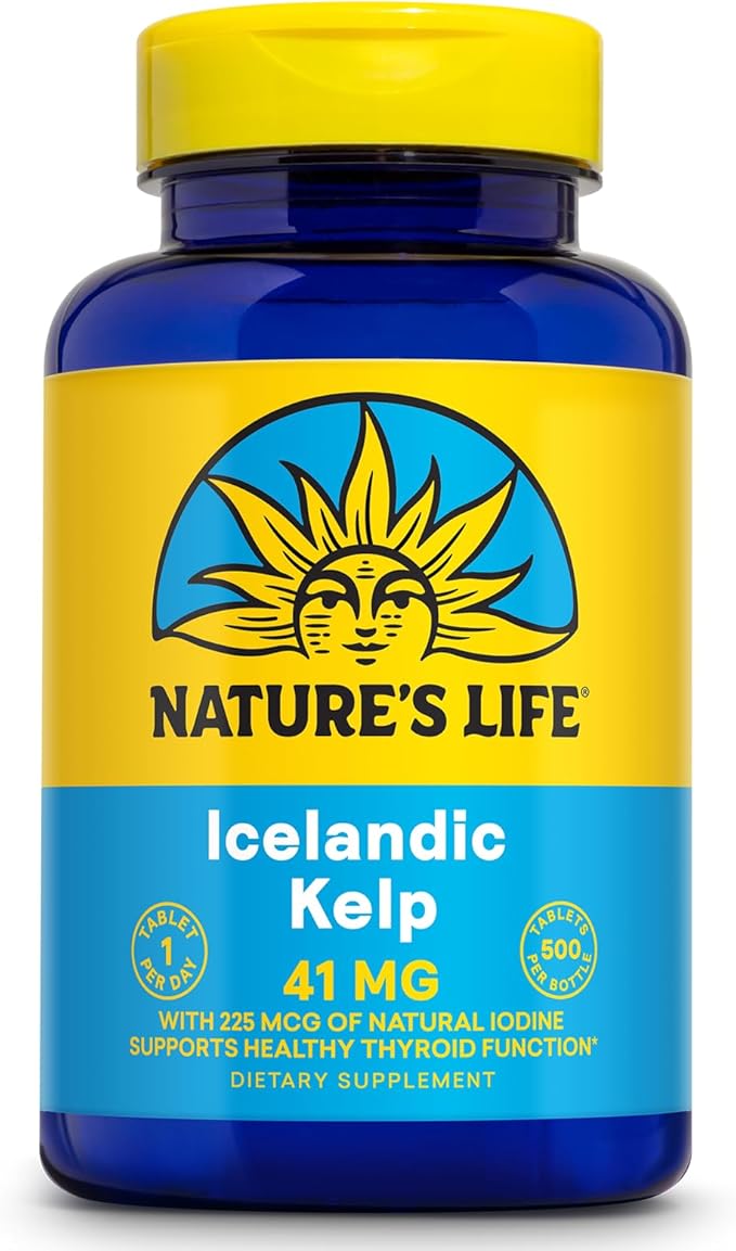 Nature’s Life Icelandic Kelp 41 mg - Iodine Tablets, Sea Kelp Seaweed Supplement for Thyroid Support, Natural, Gluten Free, Non-GMO Green Superfood, 225 mcg Iodine Pills - 500 Tablets (500 Servings)
