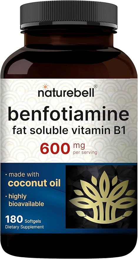 NatureBell Benfotiamine (Fat-Soluble Vitamin B1), Coconut Oil Softgels, 180 Count – 600 mg Per Serving – Non-GMO, cGMP Manufactured