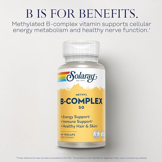 SOLARAY Methyl B Complex 50mg - Vitamin B Complex with Vitamin B12, B6, B1, Folic Acid, Biotin and More - Cellular Energy Supplements, Nerve Function Support - Vegan, 60-Day Guarantee, 60 Servings