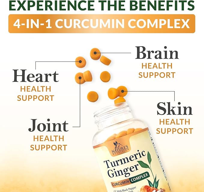 Turmeric Curcumin Supplement Gummies - 95% Curcuminoids with Turmeric & Ginger, Black Pepper for Best Absorption, Nature's Vegan Joint Support, Non-GMO, Gluten Free, Tasty Peach Flavor - 60 Gummies