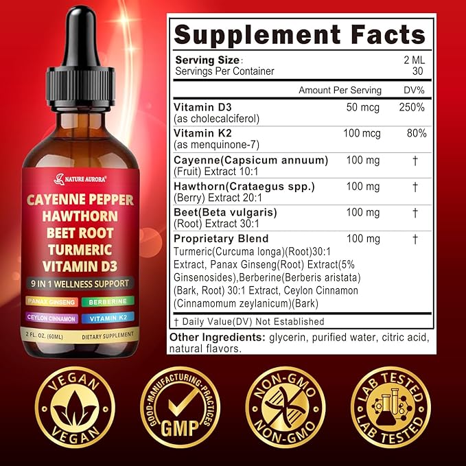 Cayenne Pepper Liquid Drops, 2pcs Cayenne Pepper Extract Drops Supplement Liquid with Hawthorn Berry, Ceylon Cinnamon and 5 More Herbals - Immune Support, Circulation & Overall Wellness