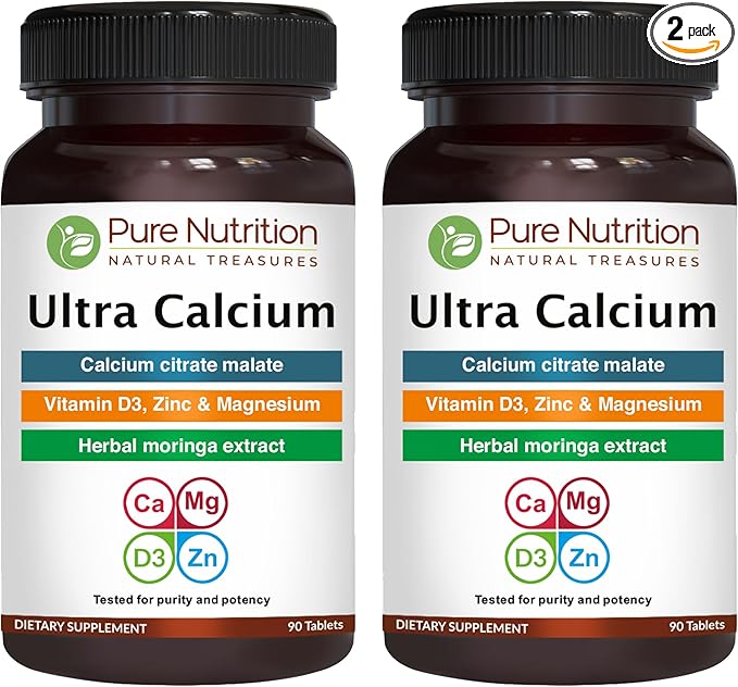 Pure Nutrition Ultra Calcium 1000mg with VIT D3 + K | 180 Tabs (90 X Pack of 2) | Calcium Supplement with Calcium Citrate Malate, VIT D3, K, Moringa Oleifera, Magnesium and Zinc.