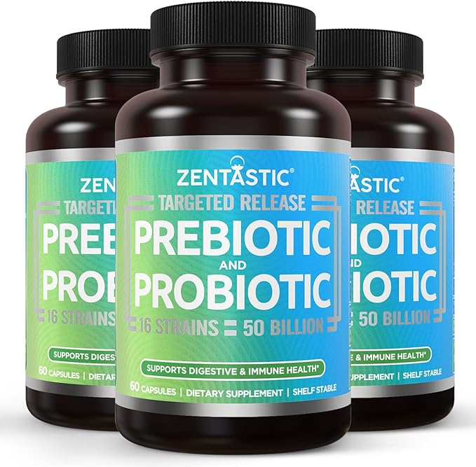 Zentastic Probiotics & Prebiotics Supplement - 50 Billion CFU - for Men & Women’s Immune & Digestive Health - 16 Strains - Shelf Stable - 180 Delayed Release Veggie Capsules