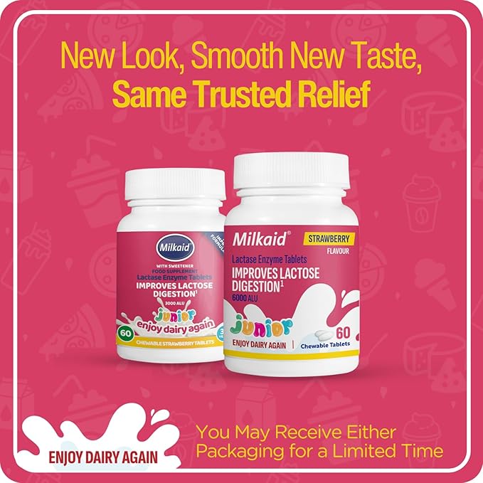 Milkaid Junior Lactase Enzyme Chewable Tablets for Lactose Intolerance | Prevents Gas, Bloating, Diarrhea in Children| Fast Acting Dairy Digestive Supplement for Kids| Strawberry Flavor | 60 ct (1)