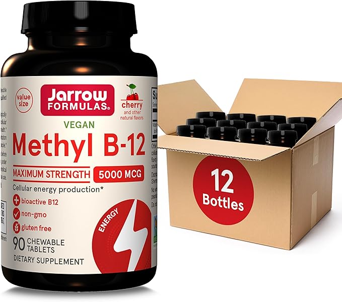 Jarrow Formulas Maximum Strength Methyl B-12 5000 mcg Dietary Supplement - 90 Cherry Chewable Tablets - Bioactive Vitamin B-12 - Supports Cellular Energy Production, Sleep & Brain Health (Pack of 12)