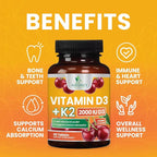 Vitamin D 2000 IU 50mcg Per Tablet - Vitamins D3 & K2 (MK7) Complex Supplement for Bone, Teeth, Muscle, Calcium Absorption, Supports Immune & Heart Health, Chewable Formula USA Bottled - 60 Tablets