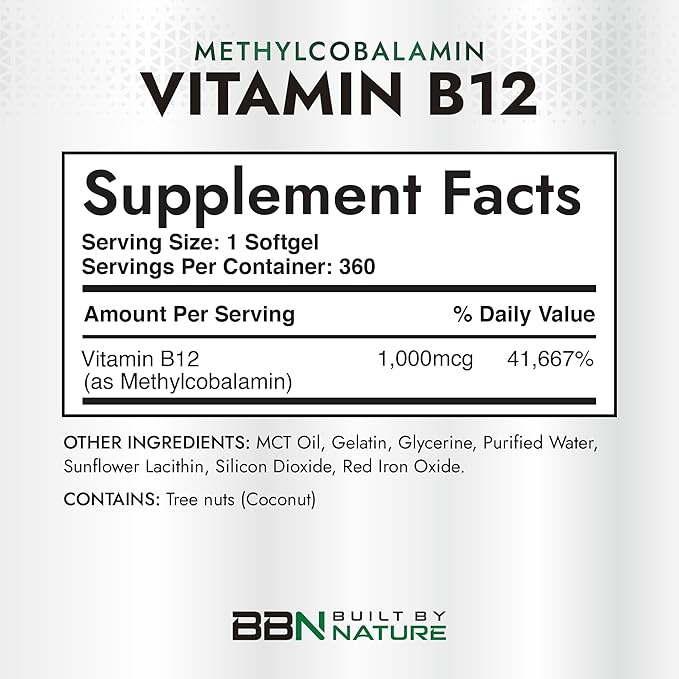 Built by Nature Vitamin B12 1000 mcg Methylcobalamin - Extra Strength Fast Dissolve Soft Gels for Energy Metabolism & Nervous System Health - Non GMO -1 Year Supply - 360 Softgels