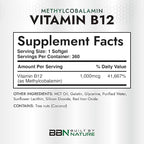 Built by Nature Vitamin B12 1000 mcg Methylcobalamin - Extra Strength Fast Dissolve Soft Gels for Energy Metabolism & Nervous System Health - Non GMO -1 Year Supply - 360 Softgels