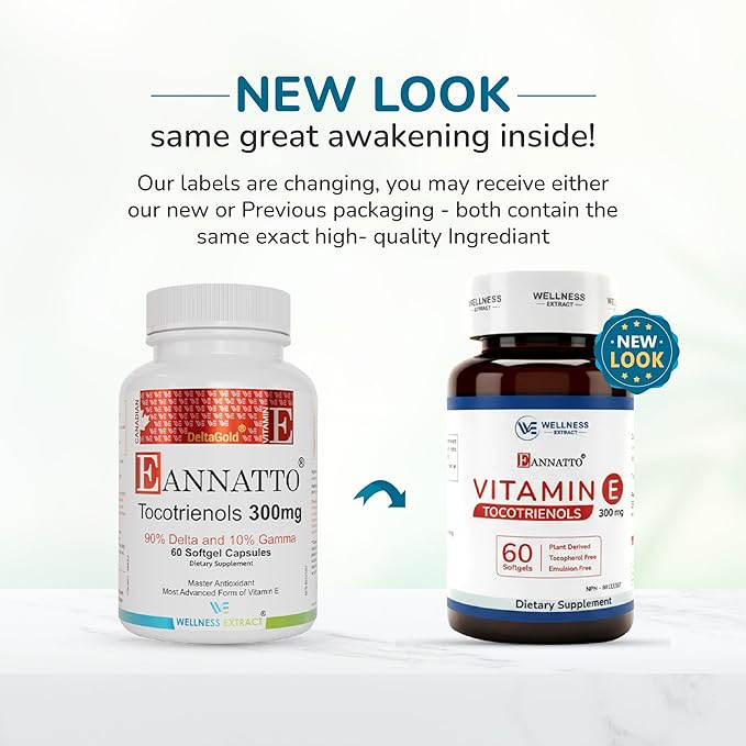 Wellness Extract Eannatto Tocotrienols Vitamin E Supplements Tocopherol Free, Supports Immune Health, Non-GMO, Gluten Free & Antioxidant (300MG 60 Softgels)