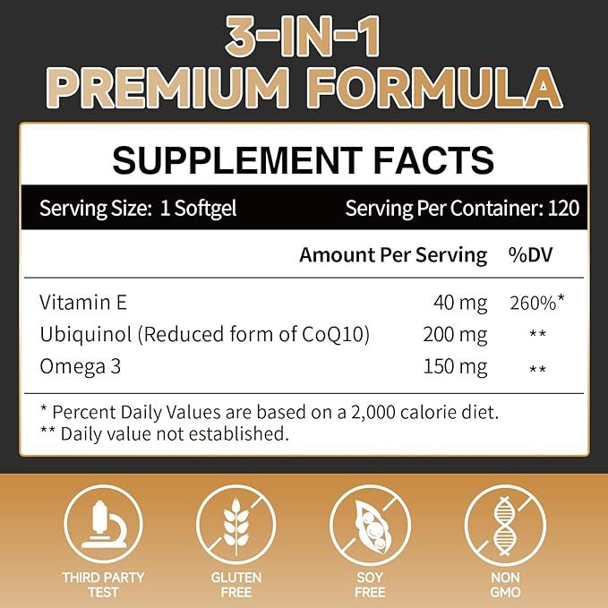 Ubiquinol CoQ10-200mg-Softgels with Vitamin E & Omega 3, High Absorption Coenzyme Q10 Support Heart Health & Energy-Production Powerful-Antioxidant, 120 Counts