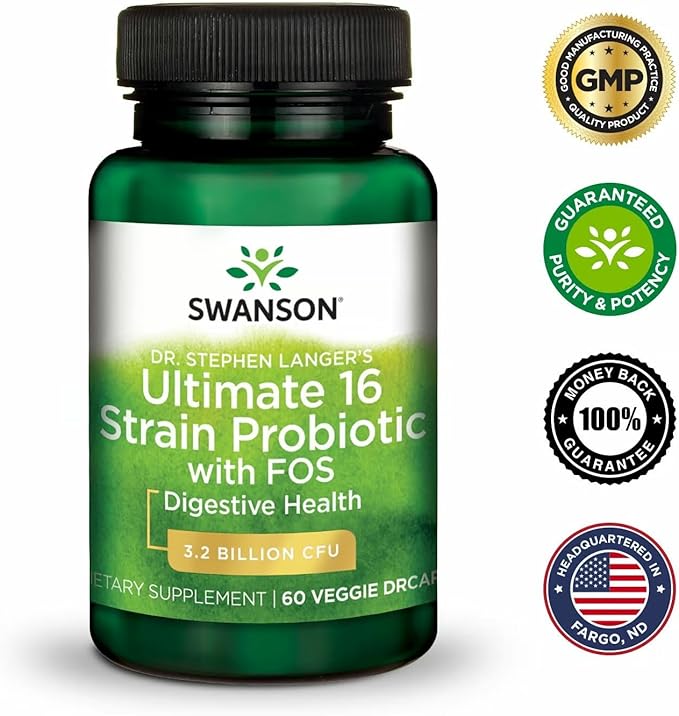 Swanson Dr. Stephen Langer's 16-Strain Probiotic with Prebiotic FOS for Gut-Health-Conscious Adults with 3.2 Billion CFU (60 Vegan Capsules, 2 Pack)