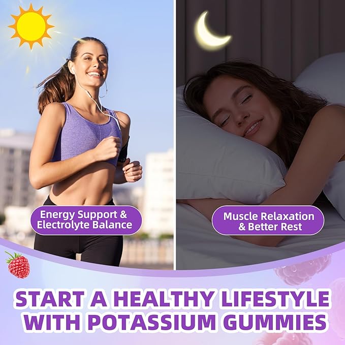 Potassium Gummies for Women & Men, High Dose 2000mg Potassium Chloride Supplement Gummies for Leg Cramps & Electrolyte Balance, Vegan/Sugar-Free/Gluten Free, Raspberry Flavor 60 Count