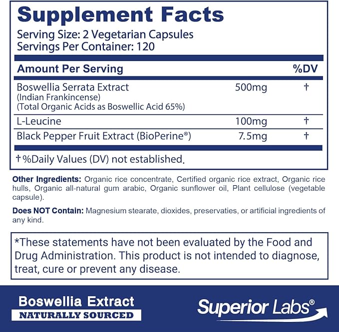 Superior Labs Boswellia Serrata Extract 500mg – 65% Boswellic Acids, Pure Non-GMO, Zero Fillers, Indian Frankincense, Supports Healthy Inflammatory Response & Joint Comfort – 240 Veg Caps
