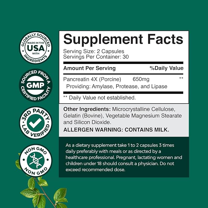 Pancreatin Digestive Enzymes Digestion for Gut Health - Pancreatic Digestive Enzymes for Women & Men with Protease, Lipase & Amylase - Bloating, Stomach Health, Fat, Carb & Protein - 60 Count