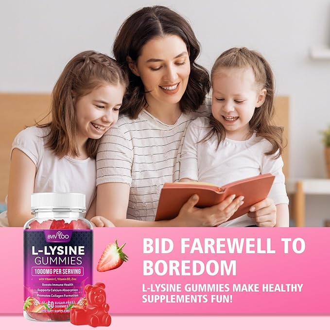 L-Lysine 1000mg Gummies for Immune Support & Skin Health - High Potency Vegan Gummies, Sugar-Free, Natural Berry Flavor, Gluten-Free Chewable Supplement for Adults & Kids - 60 Gummiess