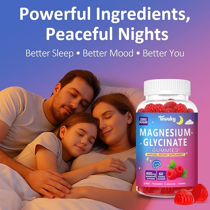 Magnesium Glycinate Gummies 400mg - Sugar Free Vegan Gummies for Adults & Kids with Vitamin D3, B6, C, CoQ10, Collagen, Zinc - Sleep, Muscle, Bone & Memory Support - 60 Raspberry Chewables / 2 Pack