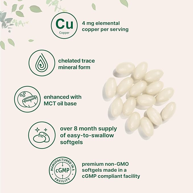 Copper Glycinate with MCT Oil, 500 Softgels | 4 mg Elemental Copper Per Serving | Chelated Copper Mineral Supplement | Essential Trace Mineral | Non-GMO, cGMP Manufactured