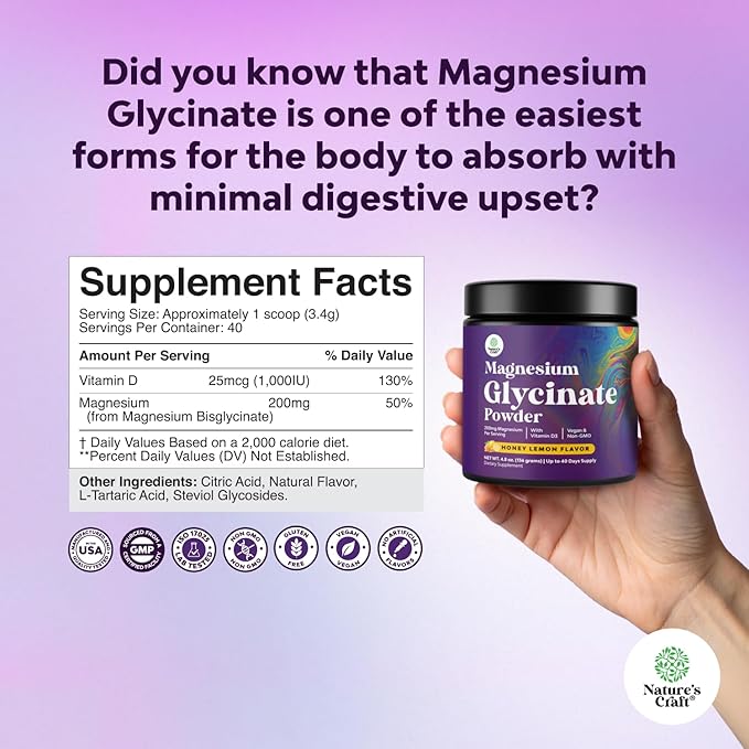 High Absorption Magnesium Glycinate Powder - Vegan Magnesium Powder for Sleep Relaxation & Regularity - Drink Mix Non-GMO Gluten Free & No Artificial Flavors (Honey Lemon) - 136g