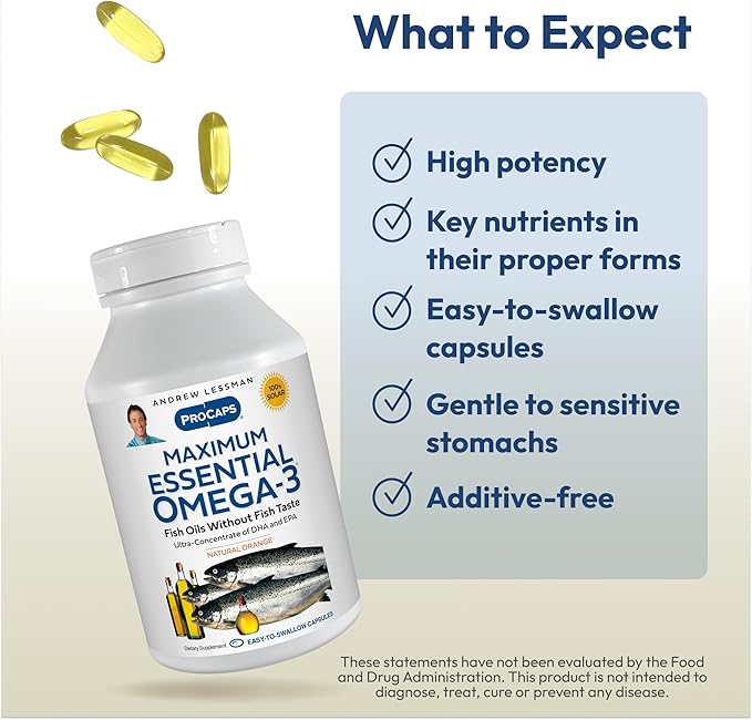 ANDREW LESSMAN Maximum Essential Omega-3 Orange - 180 Softgels - Ultra-Pure, High Potency Omega-3 Oils. High DHA, No Stomach Upset, No Contaminants, No Mercury. Small Easy to Swallow Softgels