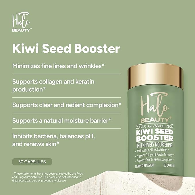 Halo Beauty Kiwi Seed Booster Skin Supplement | Skin Brightening & Anti-Aging Hydration with Kiwi Seed, Vitamin C, D3, MSM & Zinc | Vegan Collagen Support Capsules | Made in USA | 1-Month Supply