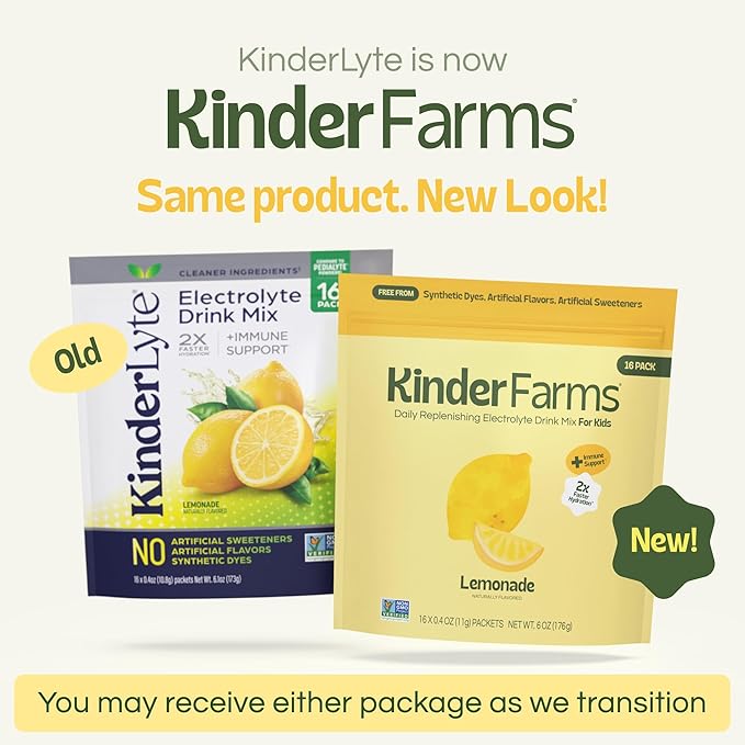 KinderFarms Electrolyte Powder for Kids and Adults - Drink Mix Hydration Packets (Lemonade, 16 Count), No Artificial Sweeteners or Flavors, No Synthetic Dyes, Vegan, Non-GMO, Gluten-Free