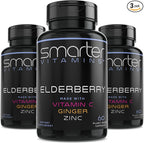 (3 Pack) Smarter Elderberry Capsules + Vitamin C + Ginger & Zinc, Herbal Supplement, Powerful Black Elder Berry Extract Antioxidant Vitamin, 180 Vegan Pills