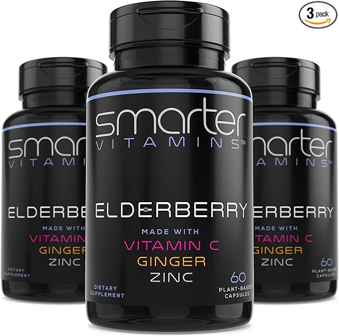 (3 Pack) Smarter Elderberry Capsules + Vitamin C + Ginger & Zinc, Herbal Supplement, Powerful Black Elder Berry Extract Antioxidant Vitamin, 180 Vegan Pills