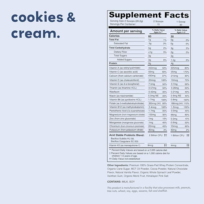 Cookies & Cream Mighty Milk - Kids All-in-One Daily Protein Powder & Multivitamin with Probiotics & Organic Spinach - Natural Flavors, Colors & Sweeteners - 15-30 Servings
