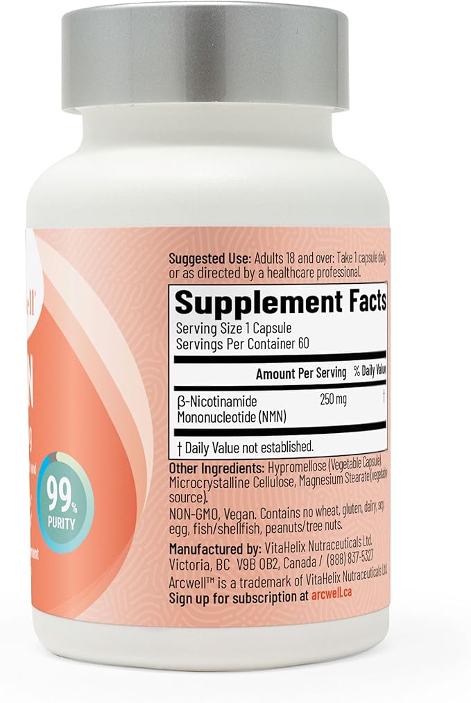 Arcwell NMN (Nicotinamide Mononucleotide) 250 mg per Capsule | NAD+ Boost Supplement | 99% Ultra Pure NMN | Supports Cellular Health & Energy Production (60 Veggie Caps)