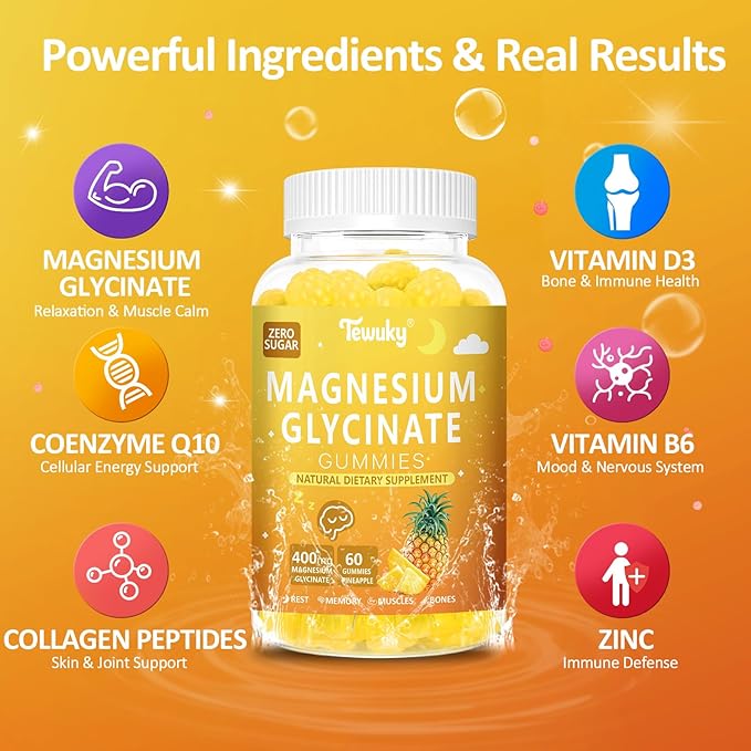 Magnesium Glycinate Gummies 400mg - Sugar Free Vegan Gummies for Adults & Kids with Vitamin D3, B6, C, CoQ10, Collagen, Zinc - Sleep, Muscle, Bone & Memory Support - 60 Pineapple Chewables