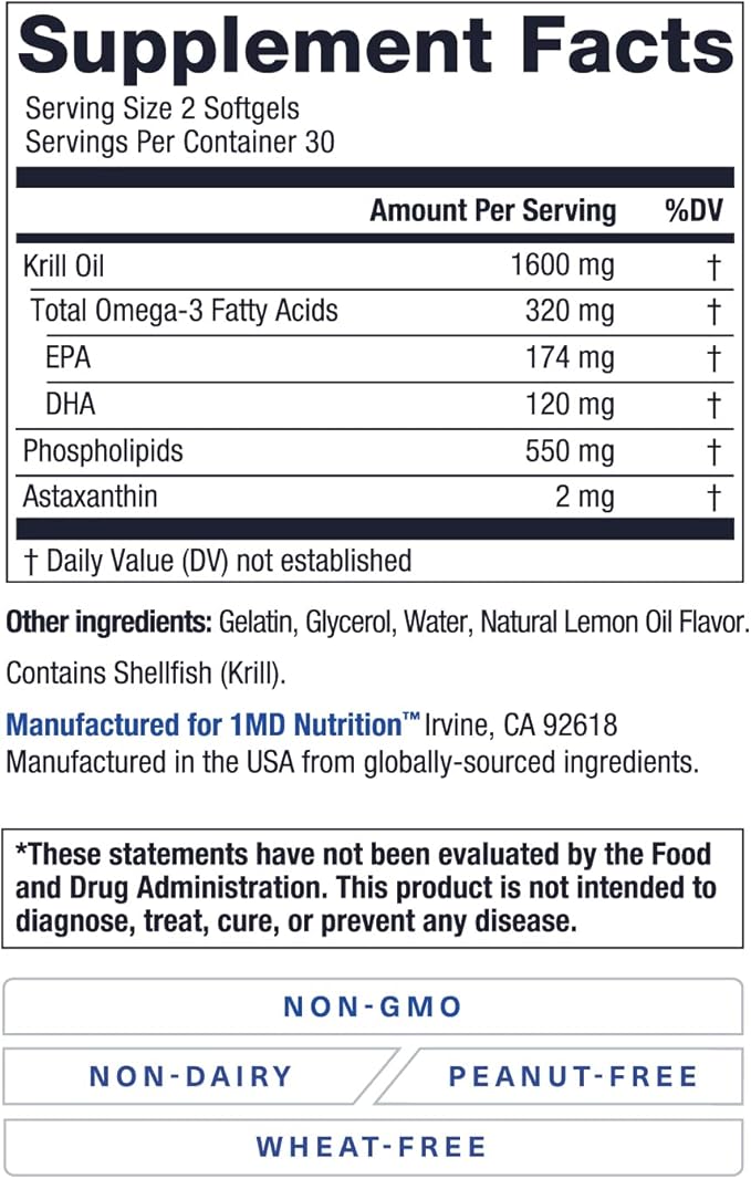 1MD Nutrition KrillMD - Antarctic Krill Oil Omega 3 Supplement with Astaxanthin, EPA, DHA | 2X More Effective Than Fish Oil | 60 Softgels (2-Pack)