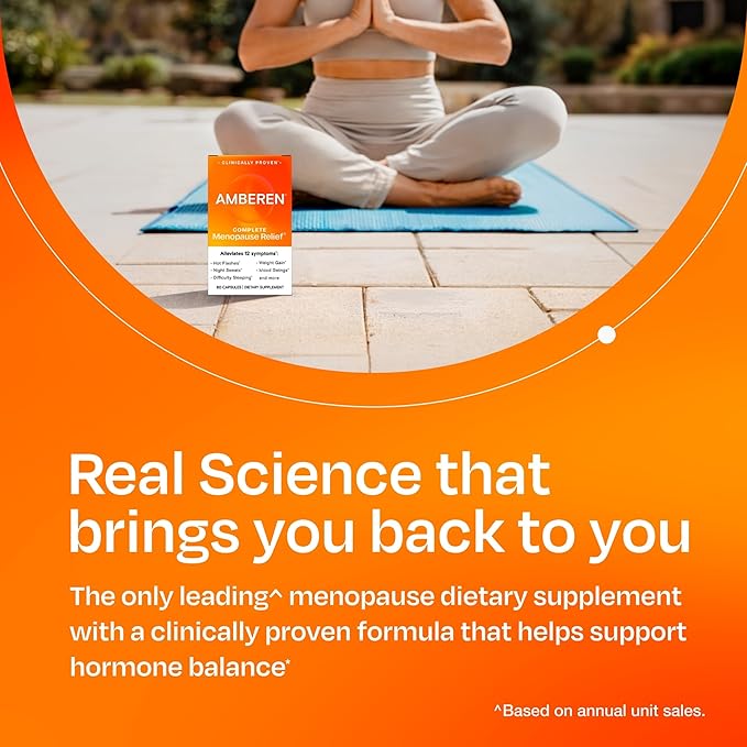 Amberen Menopause Supplement for Women, 180 Capsules, Clinically Proven, Helps Support Hormone Balance, Helps Relieve 12 Menopause Symptoms: Hot Flashes, Night Sweats, Mood Swings and More