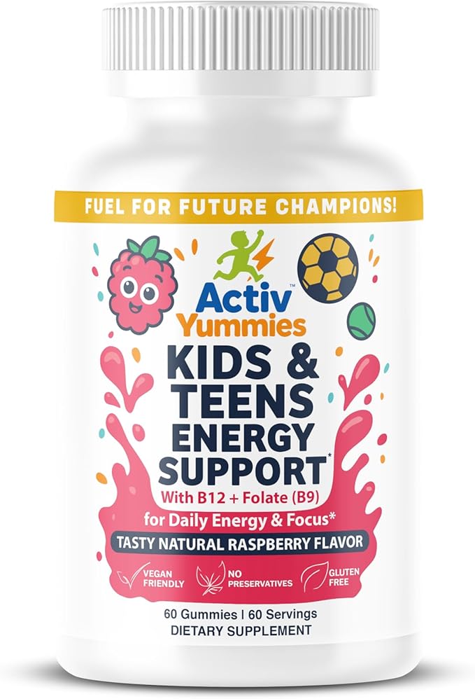 Kids & Teens Energy Support with Vitamin B12 + Folate (B9) - Supports Energy Production, Brain Function & Metabolism - Gluten Free - Raspberry Flavor - Soft Chew 60 Gummies (60 Servings)