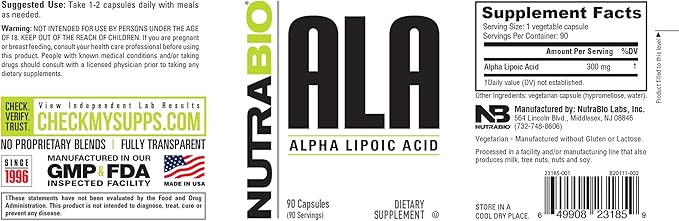 NutraBio Alpha Lipoic Acid (ALA) Supplement, 300mg – Supports Antioxidant Health, May Boost Energy Production and Wellness, 90 Vegetable Capsules