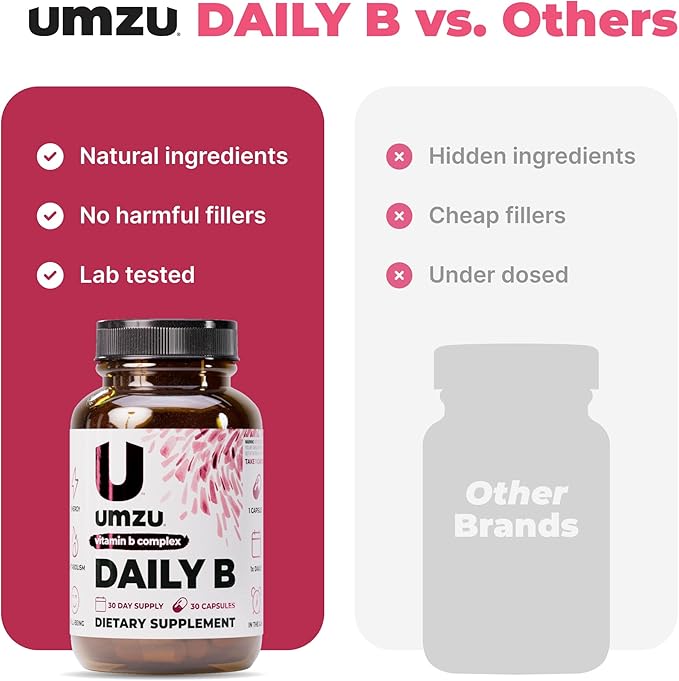UMZU Daily B, 30 Day Supply – Complete Vitamin B Complex Supplement Blend with B1, B2, B3, B5, B6, B7, B9 & B12 Plus Folic Acid & Biotin – Supports Energy, Focus, Mood, Metabolism & Overall Wellness